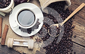 Top view coffee cup and coffee beans