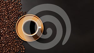 Top view coffee cup on coffee beans with copy space for your text. Banner style with chalk background. Created with generative AI