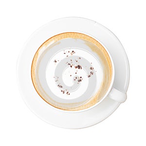 Top view Coffee cup of texture water hot cappuccino coffee on top Cocoa powder isolated white background