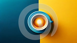 Top view of a coffee cup on vibrant orange and blue background, AI-generated.