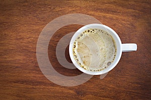 top view coffee cup on wood