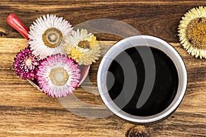 Top view of coffee cup on wooden background
