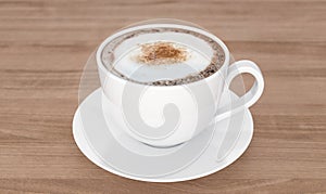 Top view coffee cup on wooden table background, 3d rendering