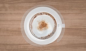 Top view coffee cup on wooden table background, 3d rendering