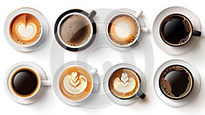 The top view of coffee cups with black espresso, cappuccino, and latte drinks isolated on white background, 3D modern