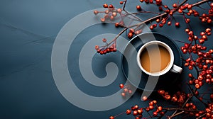 Top View of Coffee Mug with Decorative Lux Dark Blue Color Background Selective Focus