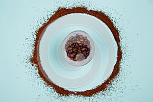 Top view Coffee on stone Mortar photo