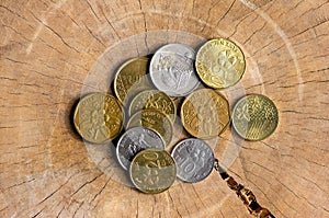 Top view of coins from asian countries on old wood