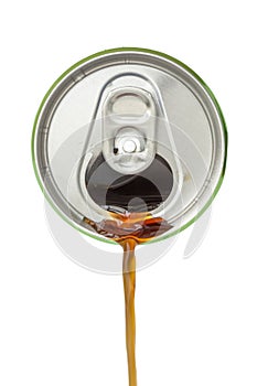 Top view of cola beverage flowing from the aluminum beverage can