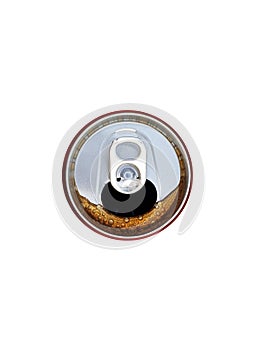 Top view of cola beverage flowing from the aluminum beverage can