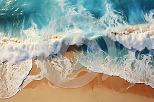 Top view of cold oceanic wave on beach shore ocean azure blue warm water with foam tide surf sea breeze beautiful nature