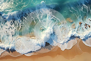 Top view of cold oceanic wave on beach shore ocean azure blue warm water with foam tide surf sea breeze beautiful nature
