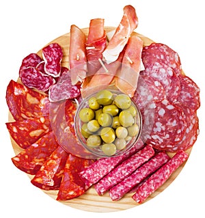 Top view of coldcuts of jamon, sausages on wooden board