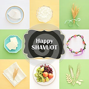 Top view collage image of dairy products and fruits. Symbols of jewish holiday - Shavuot.