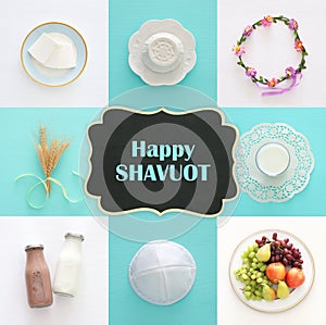 Top view collage image of dairy products and fruits. Symbols of jewish holiday - Shavuot.