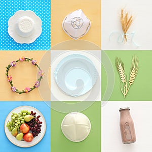 Top view collage image of dairy products and fruits. Symbols of jewish holiday - Shavuot.