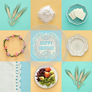 Top view collage image of dairy products and fruits. Symbols of jewish holiday - Shavuot.