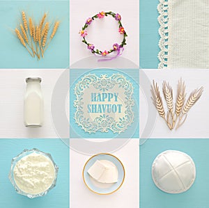 Top view collage image of dairy products and fruits. Symbols of jewish holiday - Shavuot.