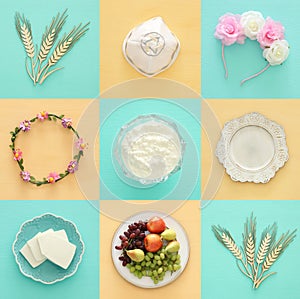 Top view collage image of dairy products and fruits. Symbols of jewish holiday - Shavuot.