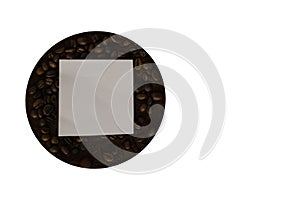 Top view collection of assortment of coffee beans and place for text, top view of circle sign isolated on white background