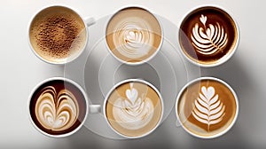 Top view of a collection of cappuccino coffee, latte with foam, on a white background.