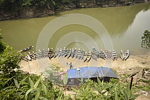 top view of colorful boats at riverbank
