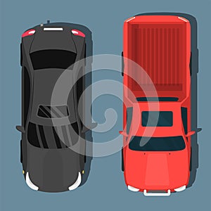 Top view colorful car toys pickup automobile transport wheel transportation design auto vector illustration.