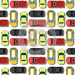 Top view colorful car toys seamless pattern background pickup automobile transport wheel transportation design vector photo