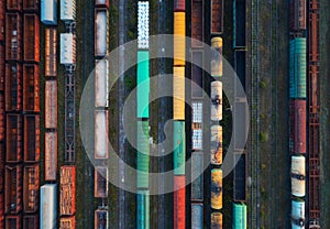 Top view of colorful cargo trains. Aerial view