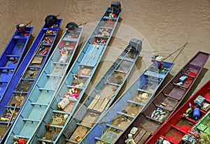 Top view colorful fishermen boats in Mekhong riverside
