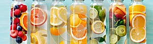 Top View Colorful Fruitinfused Water Bottles On Table. Banner For Web. Generative AI