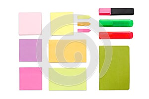 Top view of colorful office and school stationery, isolated on white