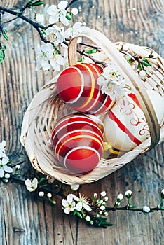Top view of colorful painted easter eggs in basket and cherry blossom branch decor on vintage wooden table. Traditional seasonal
