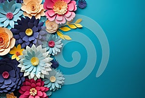 Top view of colorful paper cut flowers on blue background with copy space