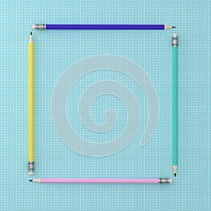 Top view of colorful Pencils around square shape on blue pastel