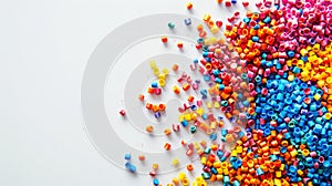 Top view of colorful polymer masterbatch granules, light background, industrial plastic template. Generative AI