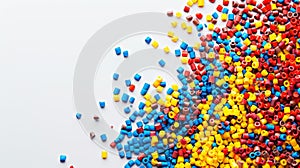 Top view of colorful polymer masterbatch granules, light background, industrial plastic template. Generative AI