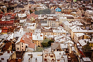 Top view on colorful roofs and houses of old European city of Lvov