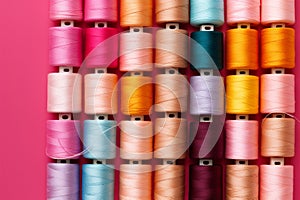 Top view of colorful sewing threads on pink background, copy