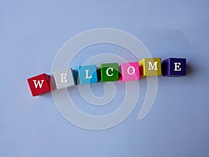 Top view, Colorful wooden block toys cids isolated blurred gray background for stock photo. Concept of welcome making process,