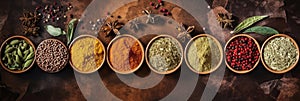 Top view of Colourful background from various herbs and spices for cooking in bowls. Generative Ai