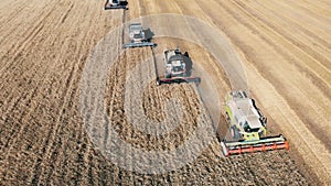 Top view of combines harvesting grain in the field