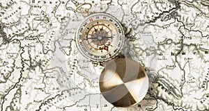 Top view compass top world map. High quality and resolution beautiful photo concept