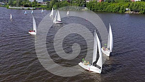 Top view of competition of sailing yachts. Video. Beautiful regattas floating on background of green coast and distant