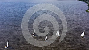 Top view of competition of sailing yachts. Video. Beautiful regattas floating on background of green coast and distant