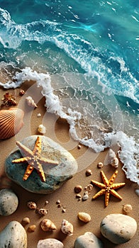 Top view composition of a beach and ocean waves with starfish and sea shells. Generative Ai