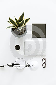 top view of composition with laptop, desklamp, plant and cup of coffee,