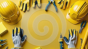 Top view composition of construction tools and safety gear arranged on a yellow background emphasizing the building and repair