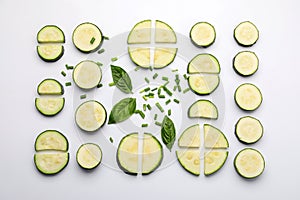 Top view composition with sliced zucchini on white background
