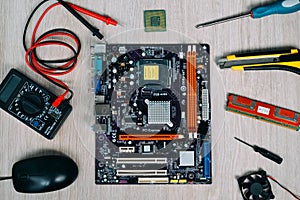 Top view of computer parts and devices